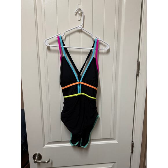 OnePiece Swimsuit Tummy Control Sexy Cutout Neon Color Block Adjustable Black XL - Picture 2 of 4